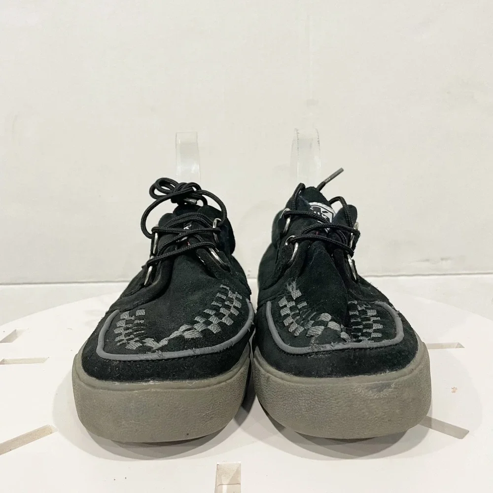 T.U.K. Black Suede Creeper Style Shoes Sz 6 Checkered Plaid Accents Skull Bottom